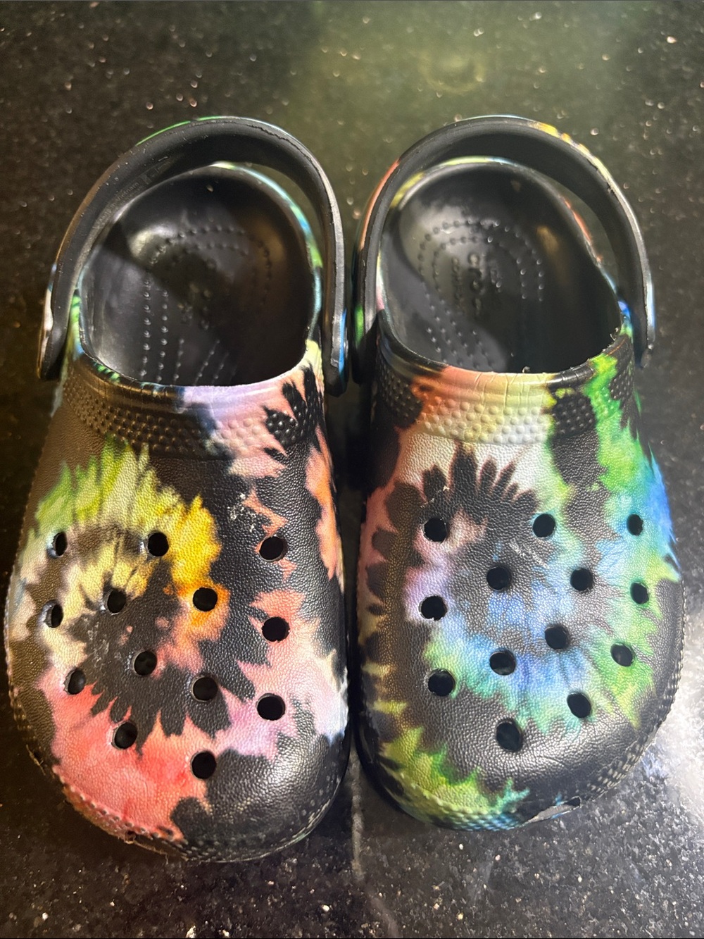 CROCS Kids Tie-Dye Slip-On Clogs - Black with Rainbow Accents